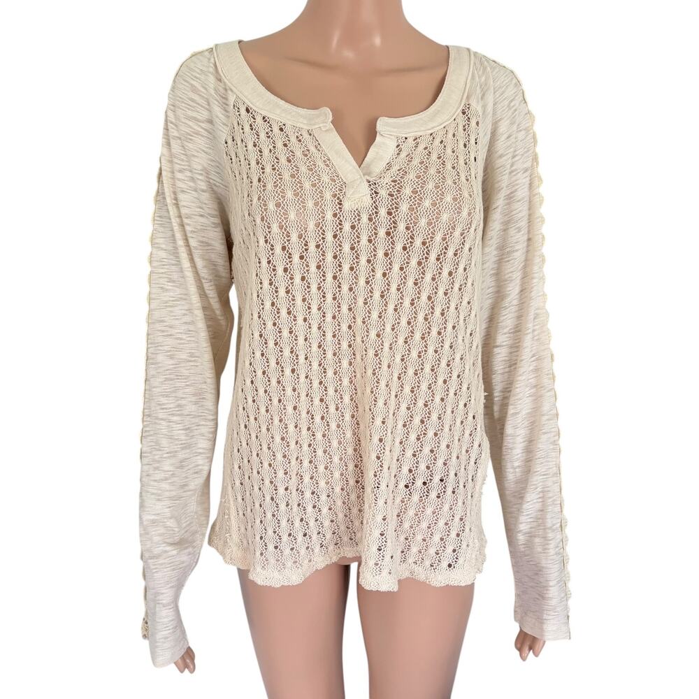 Miss Me Crochet Lace Knit Top L Boho Cottagecore Peasant Cream Long Sleeve